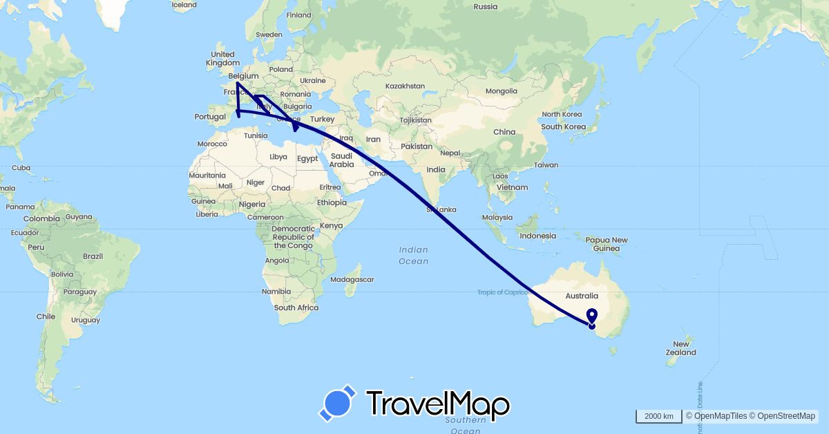 TravelMap itinerary: driving in Australia, Spain, France, Greece, Italy (Europe, Oceania)